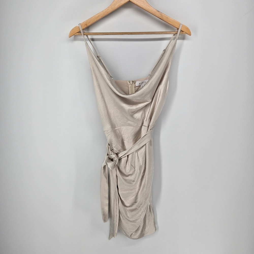 Mable Kyleigh Mini Dress Small Champagne Satin Cowl Neck Wrap Tie Waist Cocktail